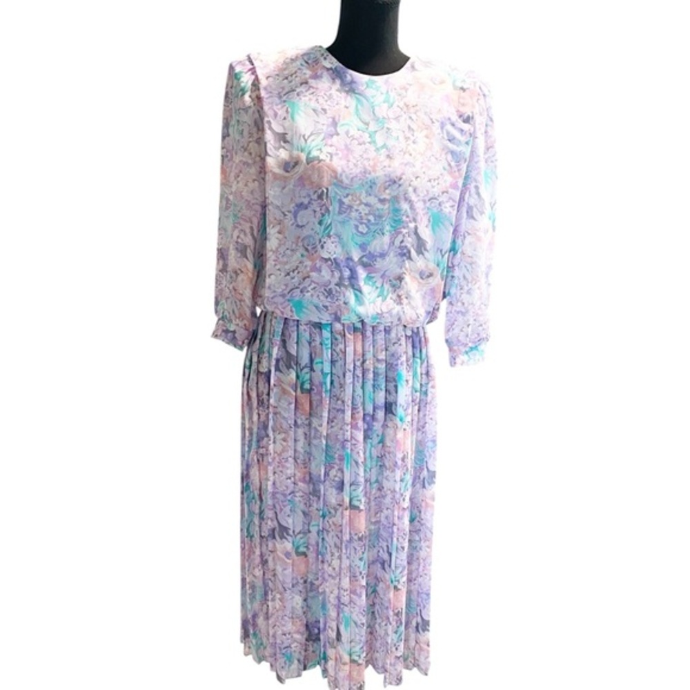 Vintage Floral Midi Dress in Lavender, Mint & Peach